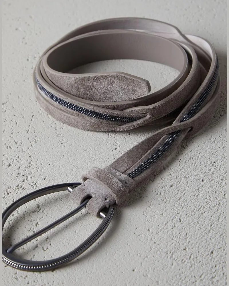 Brunello Cucinelli Womens Ice Grey Suede Belt Oval Buckle White Accessories & Slg White