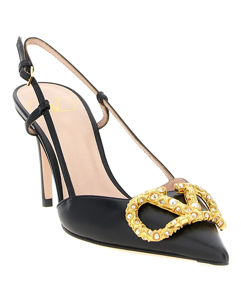 Valentino Garavani Jeweled Leather Slingback Pump — Black Black
