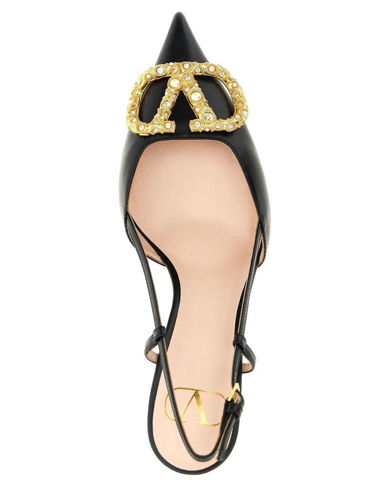 Valentino Garavani Jeweled Leather Slingback Pump — Black Black
