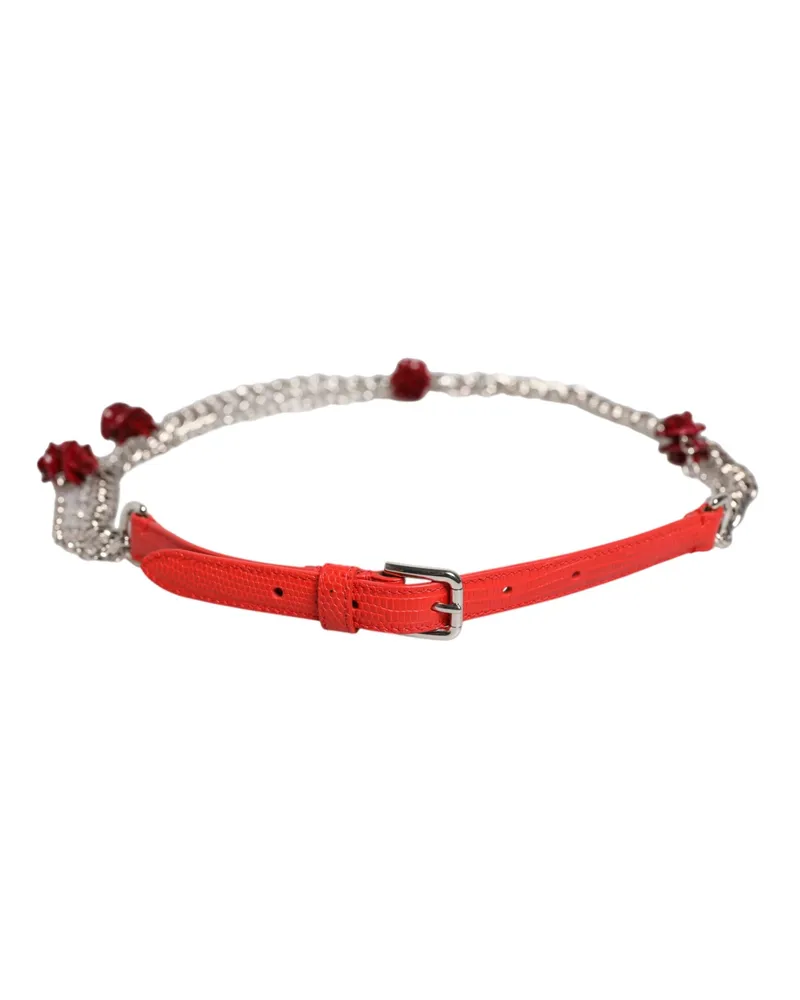 Dolce & Gabbana Women's Red Leather Silver Chain Floral Cintura Belt Real Brass Calf Resin Red