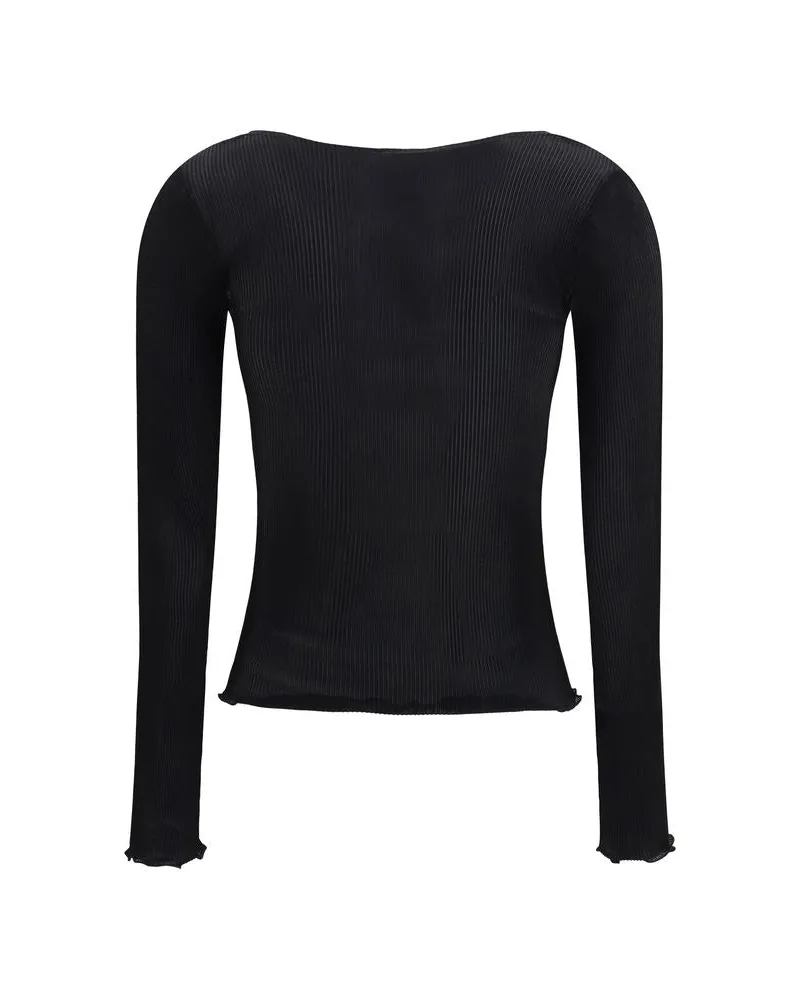 Saint Laurent V-Neck Ribbed Silk Blouse — Black Black