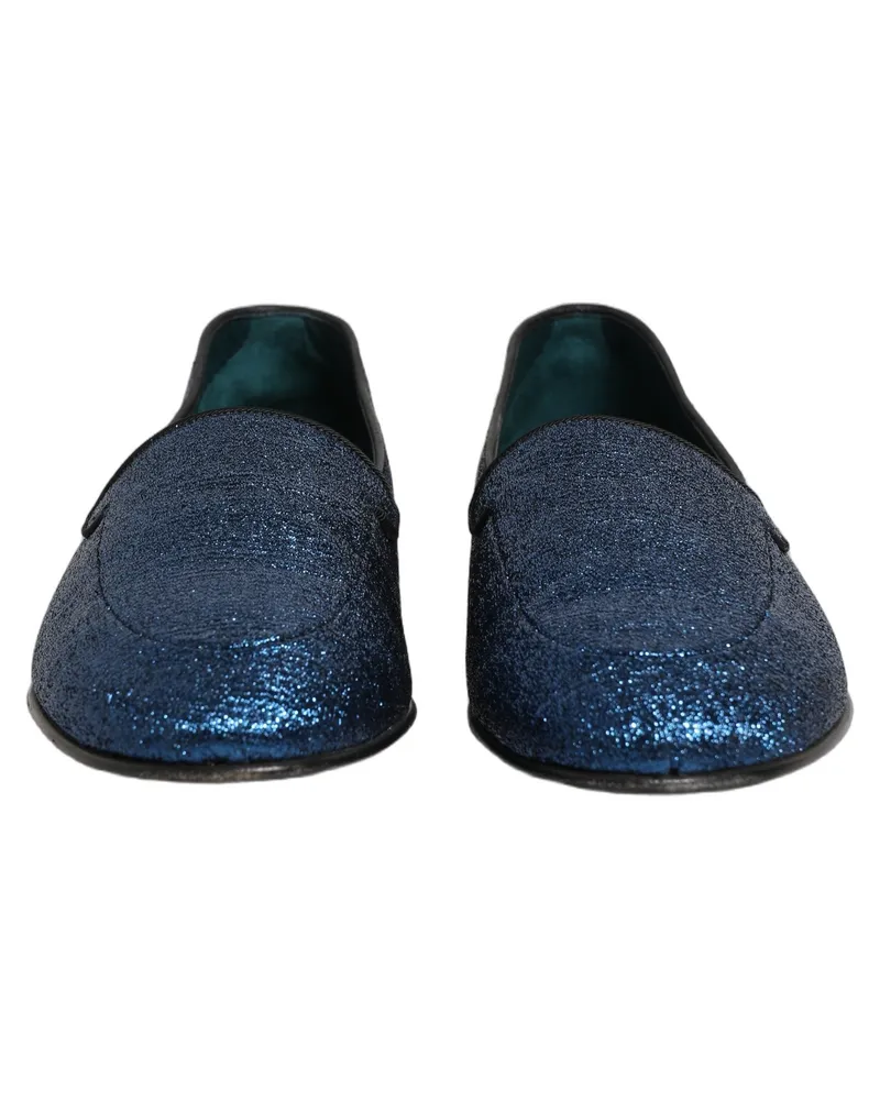 Dolce & Gabbana Men's Blue Glitter Lurex Dg Logo Dress Loafers Shoes Leather Blue