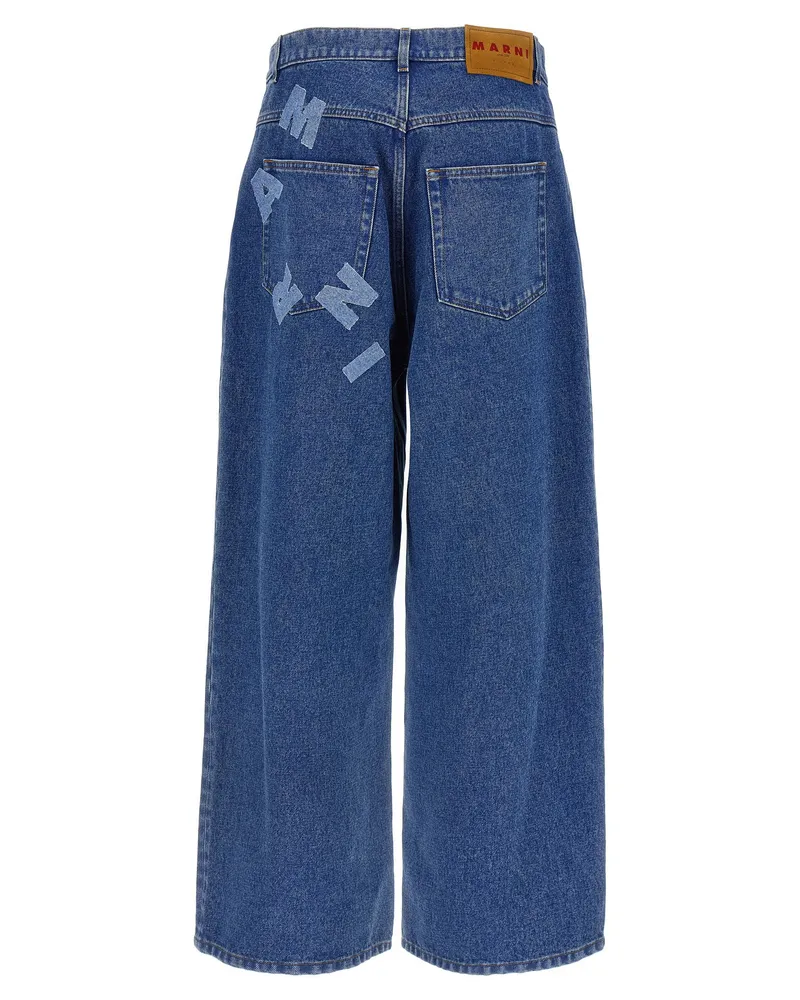 Marni Wide-Leg Logo Patch Jeans — Blue Blue
