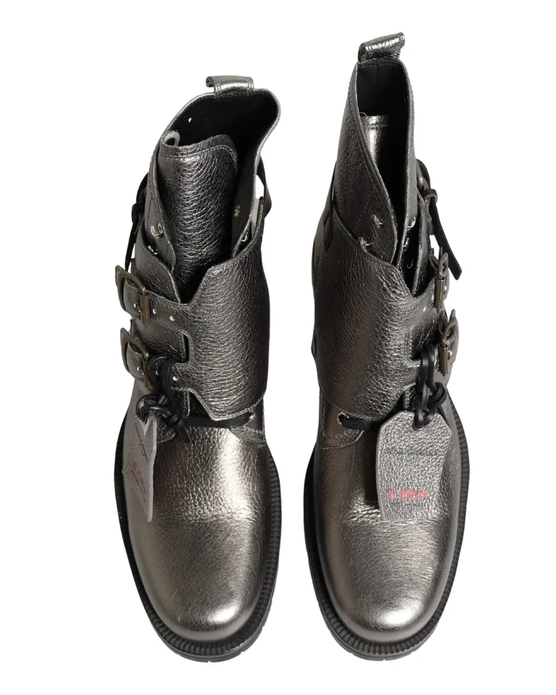Dolce & Gabbana Men's Metallic Silver Leather Buckle Ankle Boots Shoes Silver