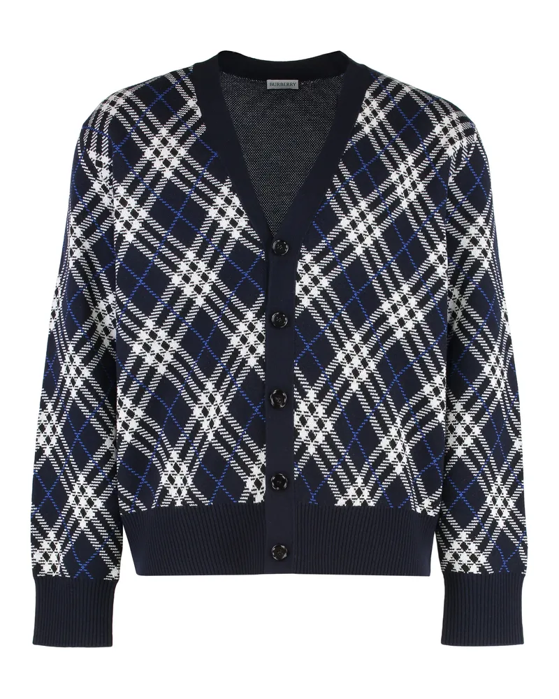 Burberry Men's Wool Cardigan With Vintage Check Print Blue Cardigans Sweater Navy