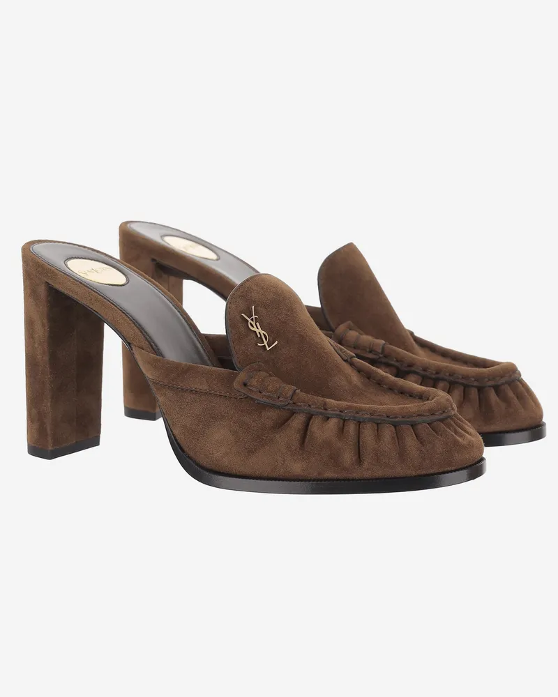 Saint Laurent Women's Heeled Loafers Suede Dark Havana Brown