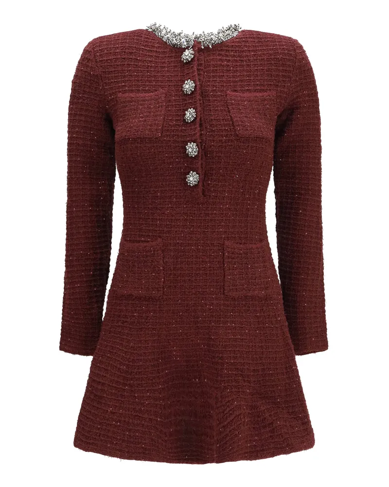 Self-Portrait Textured Knit with Beaded Trim Mini Dress — Burgundy Burgundy