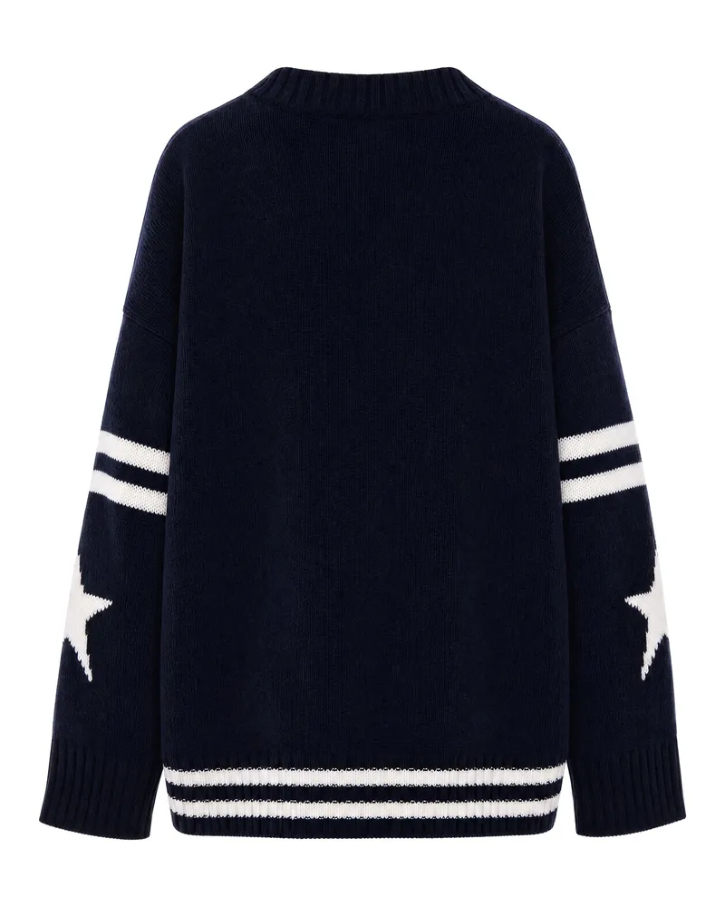 Max Mara Women's V-Neck Wool Cardigan With Star Intarsia Navy Blue Virgin Cardigans Sweater Navy