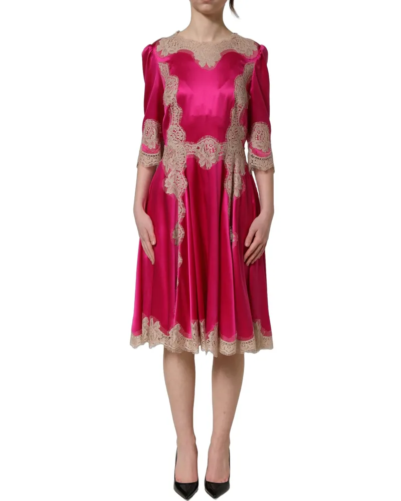 Dolce & Gabbana Women Fuchsia Pink Lace Detail A-Line Midi Dress Silk Elastane Pink