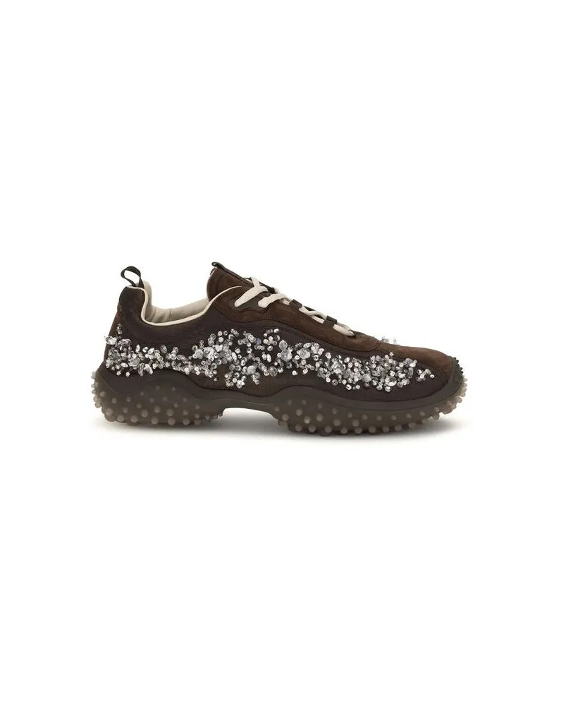 Miu Miu Crystal-Embellished Suede Sneakers — Brown Brown