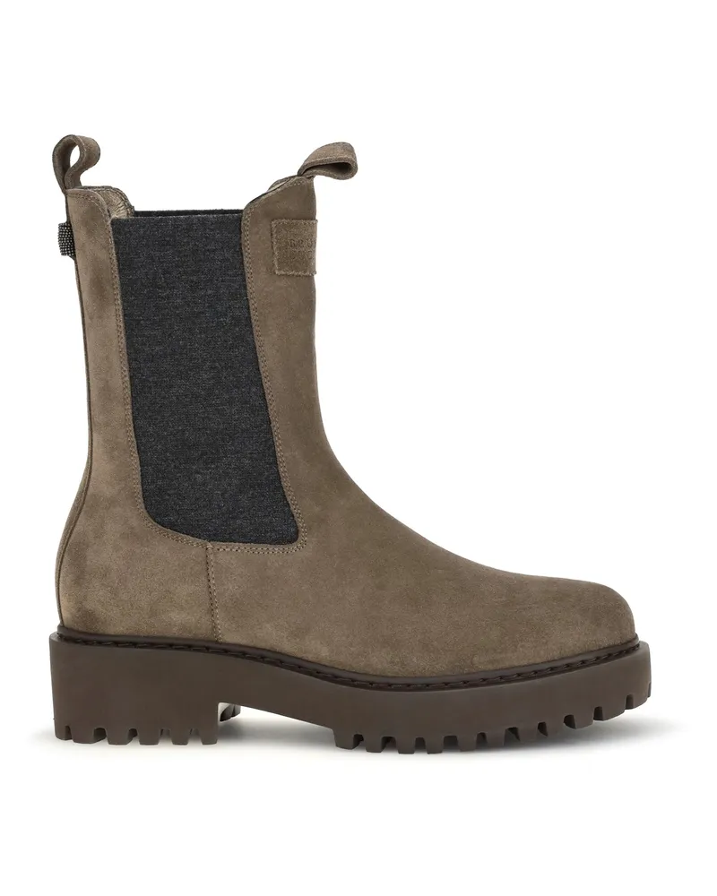 Brunello Cucinelli Women's Ankle Boots Suede With Knit Insert Taupe Taupe