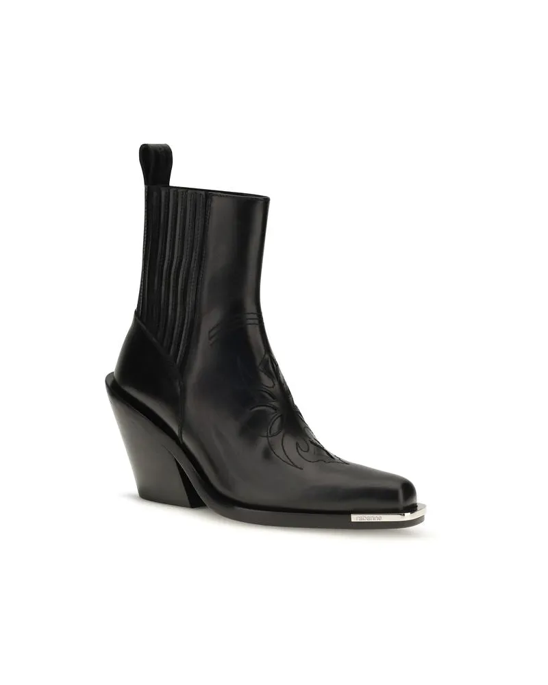 Paco Rabanne Pointed-Toe Leather Cowboy Ankle Boot — Black Black