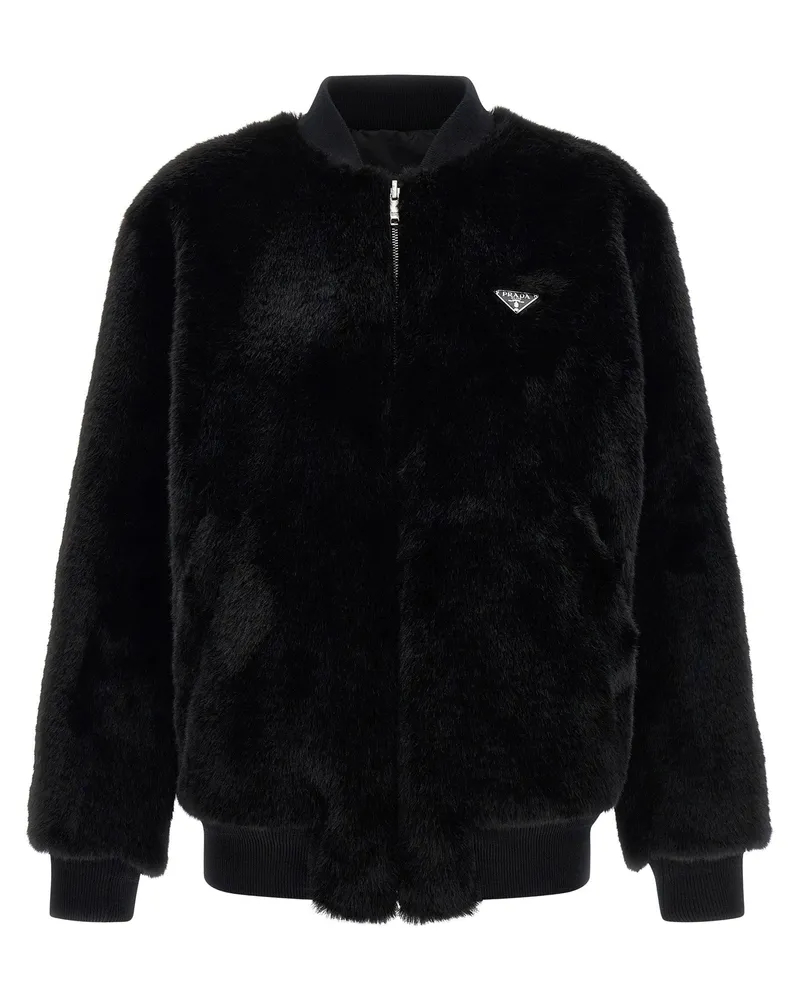 Prada Reversible Eco-Fur and Re-Nylon Bomber Jacket — Black Black