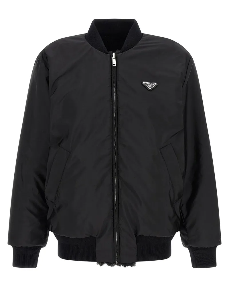 Prada Reversible Eco-Fur and Re-Nylon Bomber Jacket — Black Black