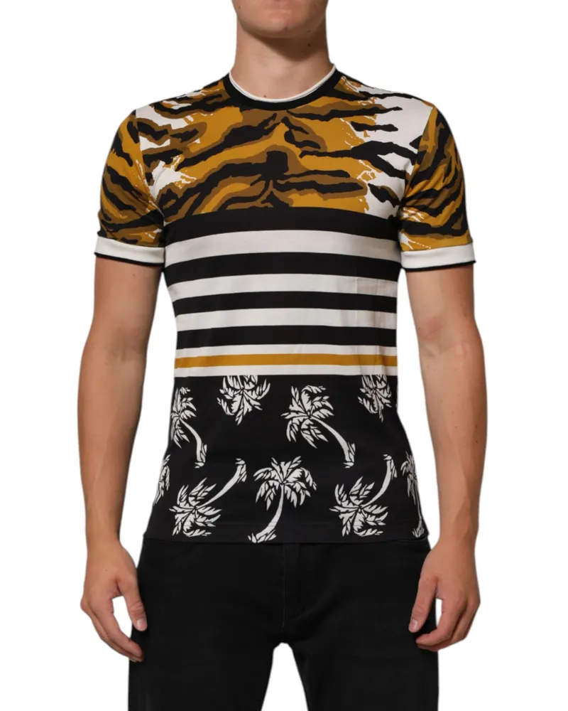 Dolce & Gabbana Multicolor Leopard Palm Leaf Men Crew Neck T-Shirt Cotton Multicolor
