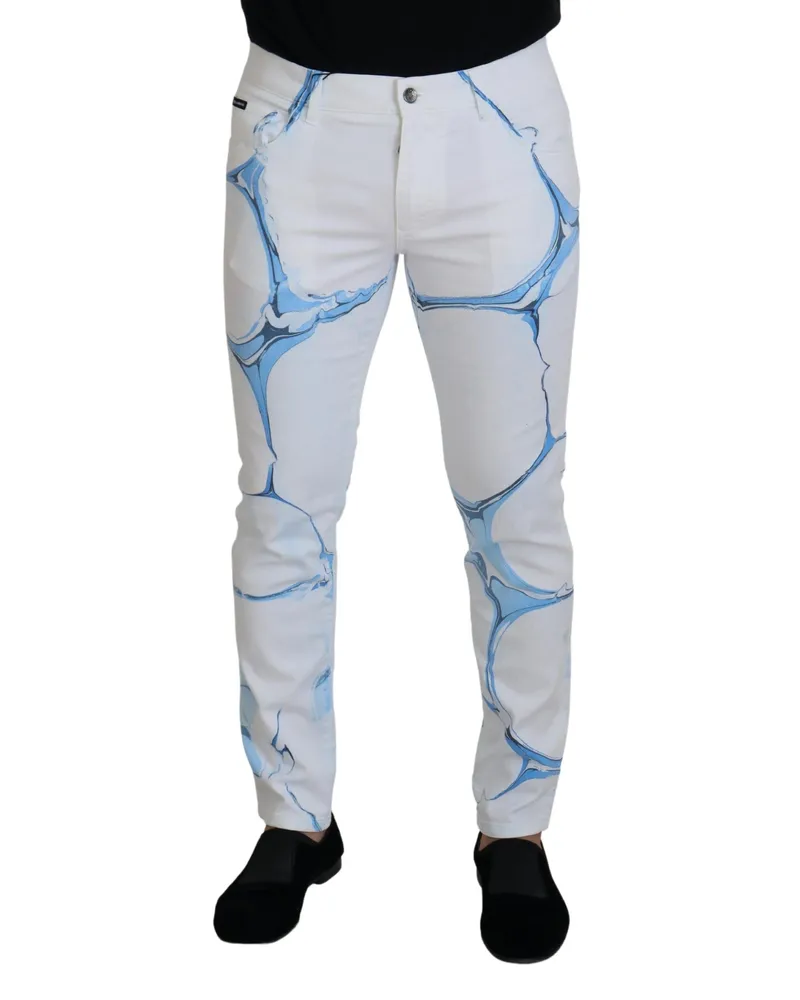 Dolce & Gabbana Men's White Blue Denim Cotton Jeans Stretch Skinny Fit Pant White