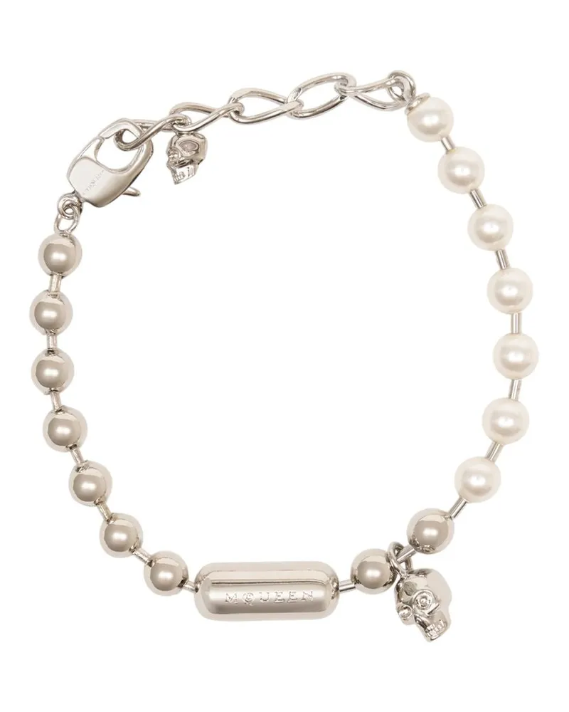 Alexander McQueen Men's Skl & Pearl Bracelet Metal Silver Jewelry-Watches Bracelets Silver