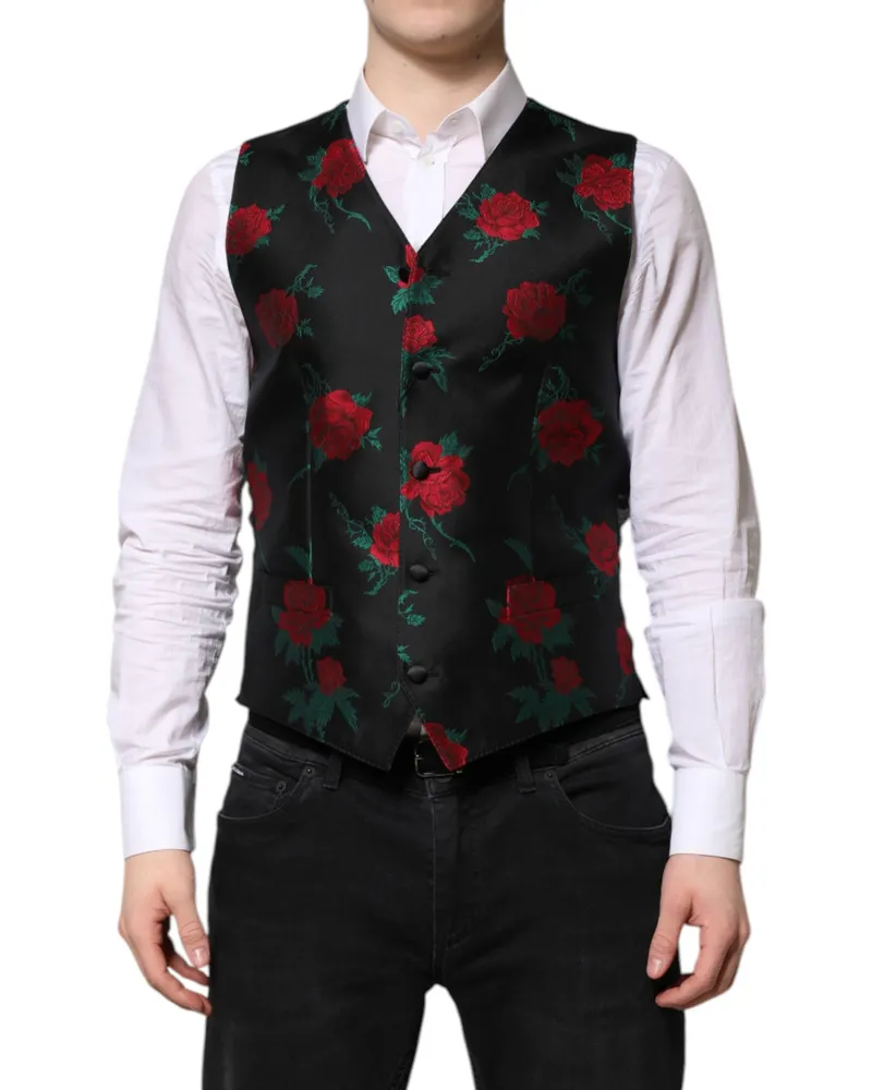 Dolce & Gabbana Red Floral Brocade Formal Men Waistcoat Vest Black Clothing Black
