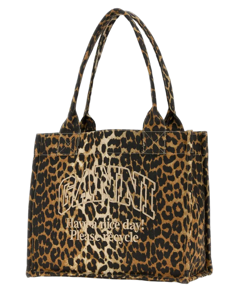 Ganni Women's Printed Canvas Shopping Bag Leopard Exterior: Fabric Borse A Mano Brown