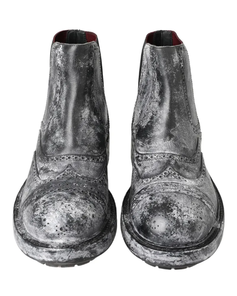 Dolce & Gabbana Men's Black Gray Leather Ankle Boots Elastane Black