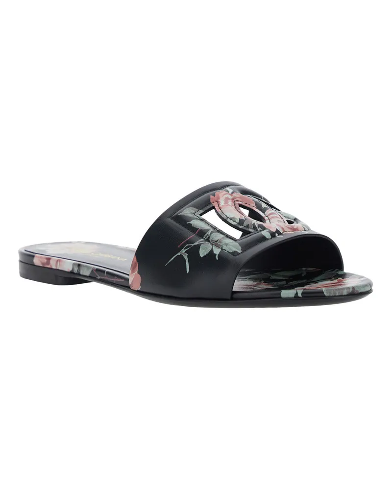 Dolce & Gabbana Floral-Embroidered Leather Slide Sandal — Black Black