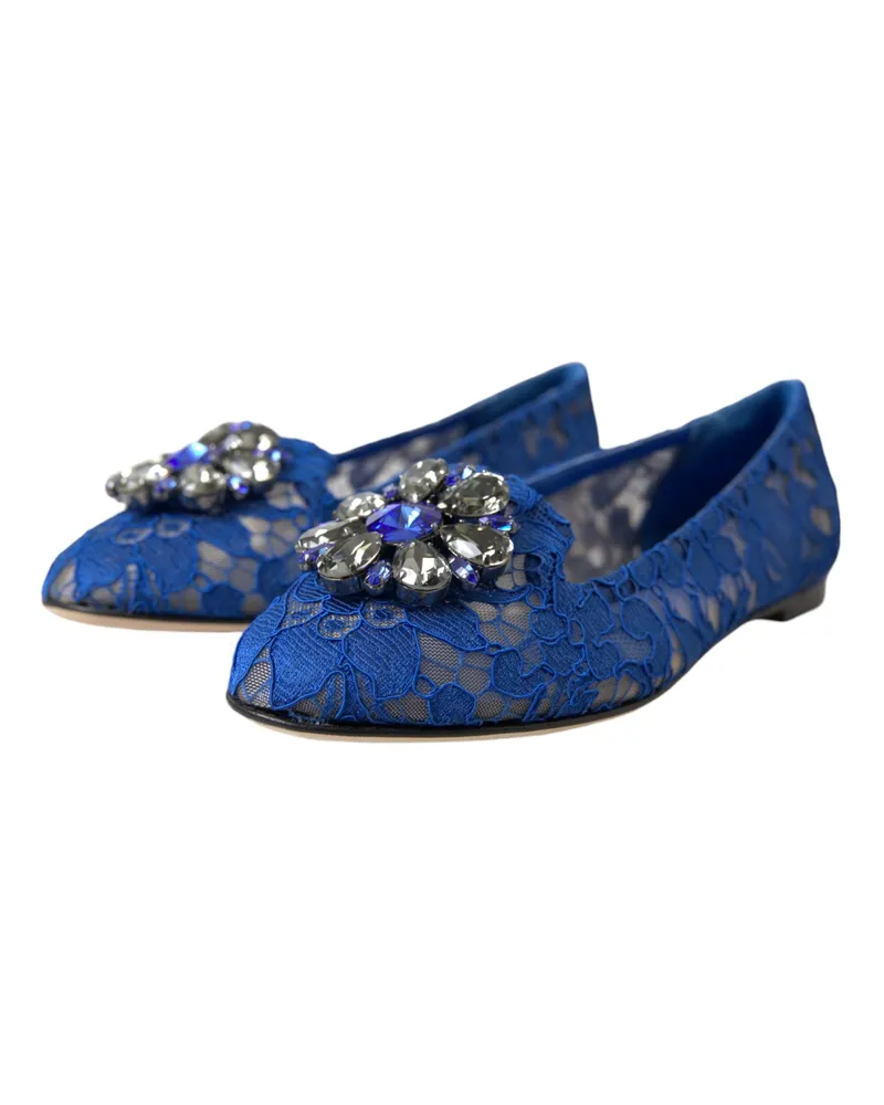 Dolce & Gabbana Women's Blue Lace Crystal Ballet Flats Loafers Shoes Viscose Cotton Nylon Blue