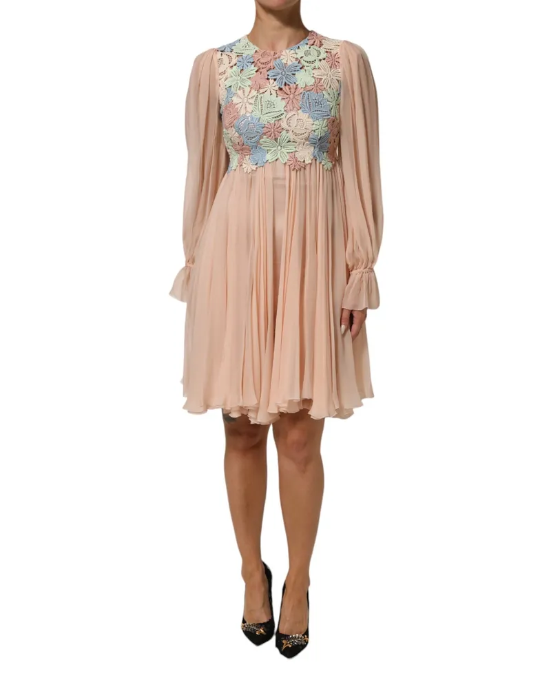 Dolce & Gabbana Women Pink Floral Embroidery Pleated A-Line Dress Co+pl+se Pink