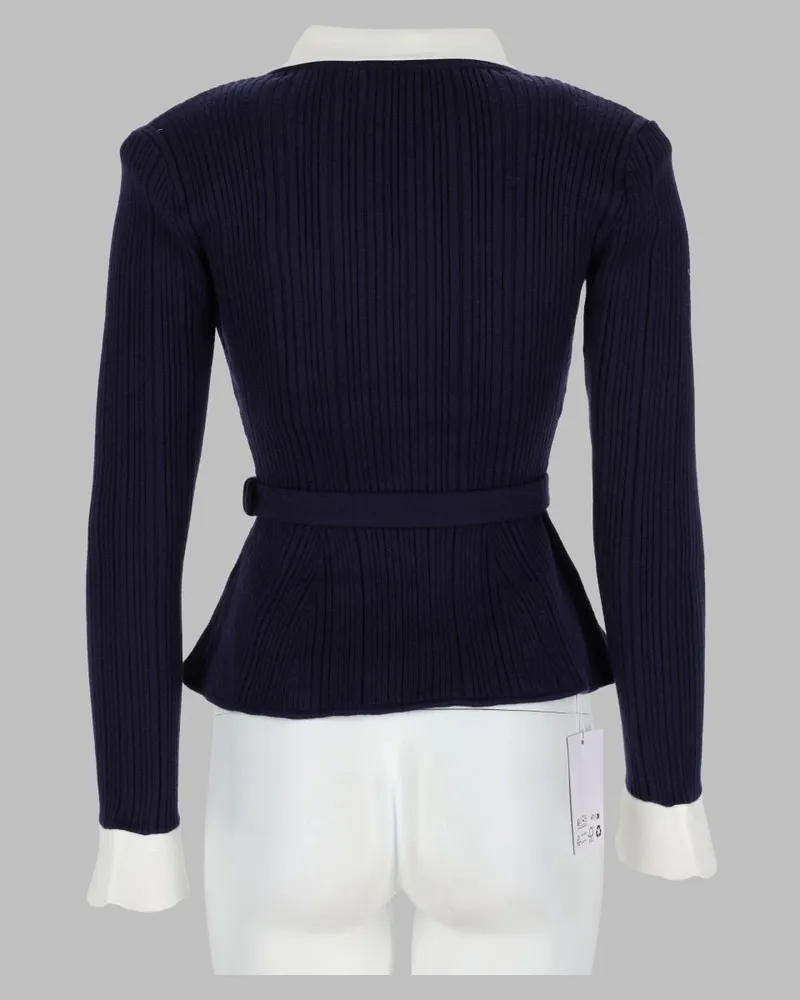 Self-Portrait Ribbed Knit Cardigan — Navy Navy