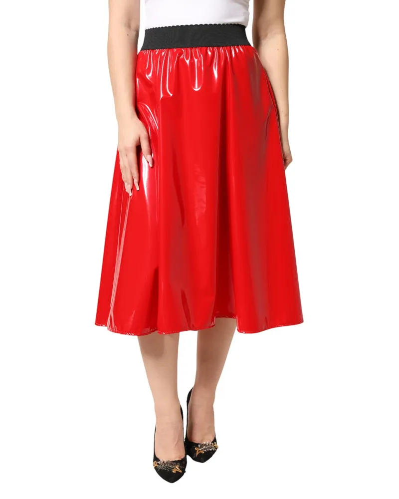 Dolce & Gabbana Women Glossy Red Polyester High Waist Midi Skirt 05+co+pl+vi Red