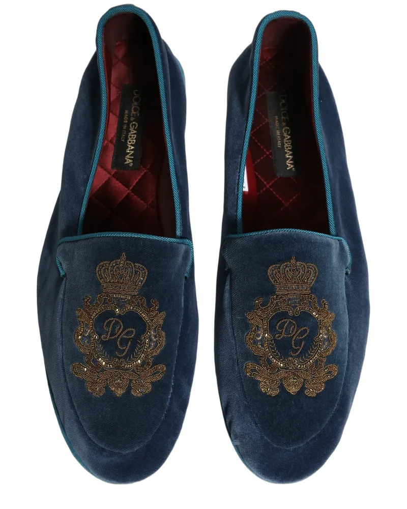 Dolce & Gabbana Men's Blue Velvet Crown Embroidery Loafers Shoes Leather Blue