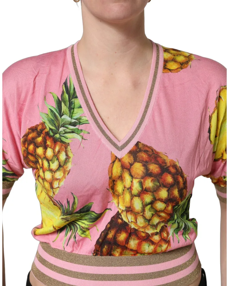 Dolce & Gabbana Women's Pink Pineapple Vneck Short Sleeve Cropped Top Polyester Silk Viscose Pink