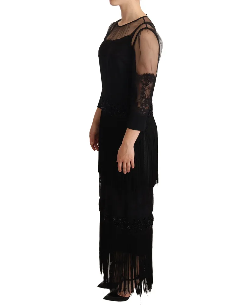 Dolce & Gabbana Women's Black Sheer Floral Lace Crystal Maxi Dress Black