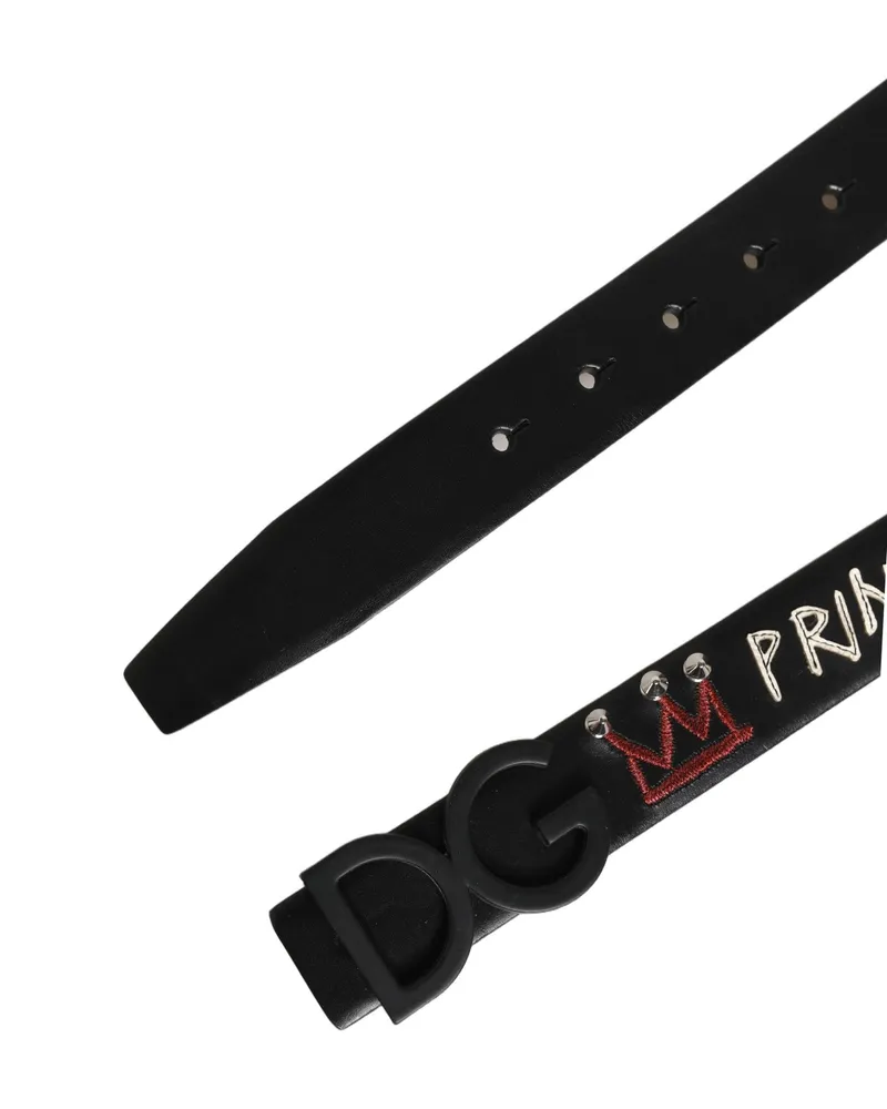 Dolce & Gabbana Men's Black Leather Prince Crown Logo Buckle Belt Calf Black