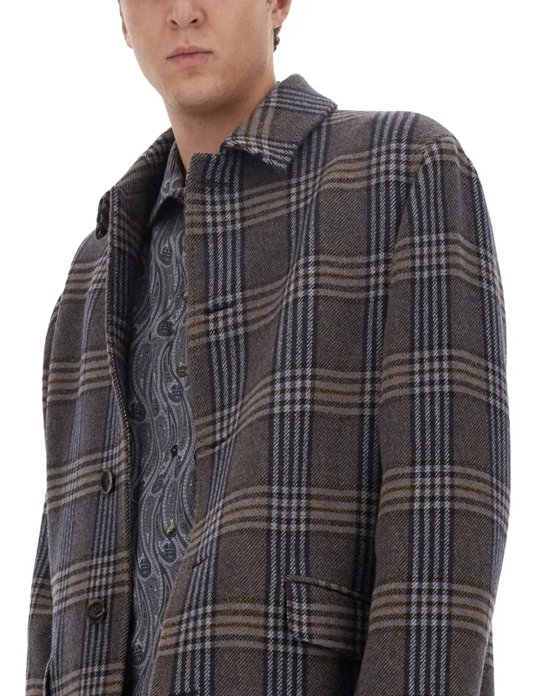 Etro Plaid Virgin Wool Blend Trench Coat — Blue Blue