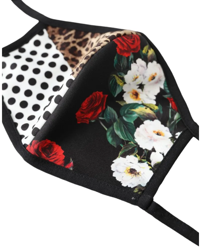Dolce & Gabbana Women's Multicolor Leopard Floral Elastic Ear Strap Face Mask Polyester Elastane Cotton Accessory Black