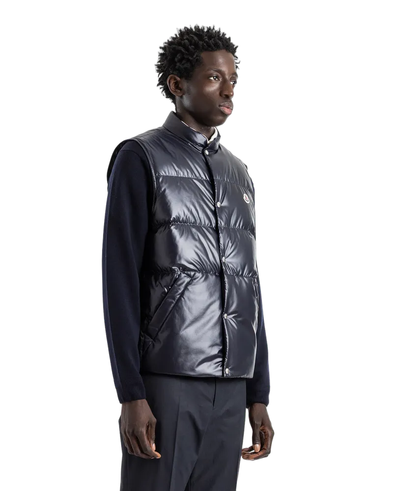 Moncler Men's Restigo Navy Lacquered Nylon Sleeveless Down Jacket Blue Coat Navy