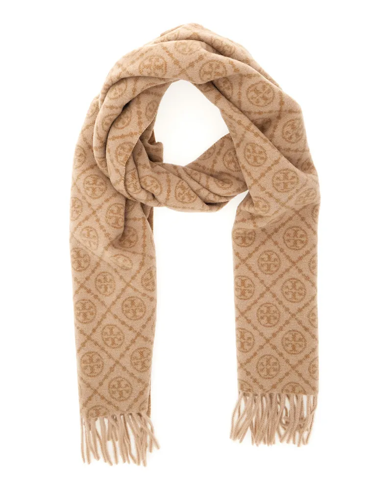Tory Burch Women's Scarf With T Monogram Beige Wool Scarfs Beige