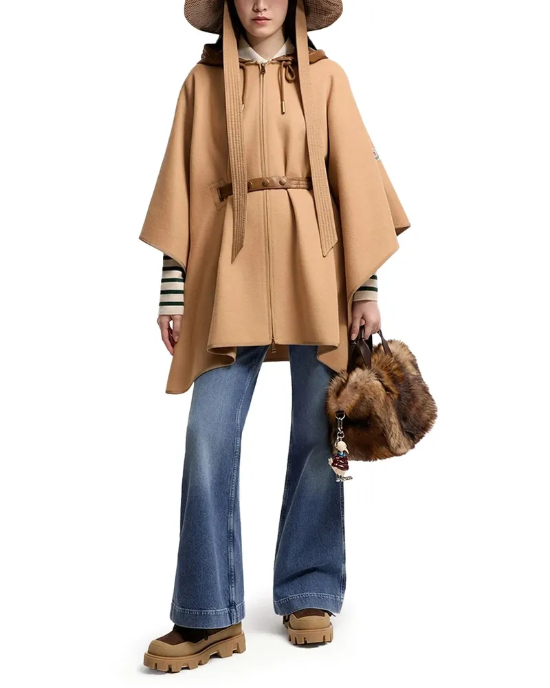 Moncler Padded Wool Blend Cape — Beige Beige