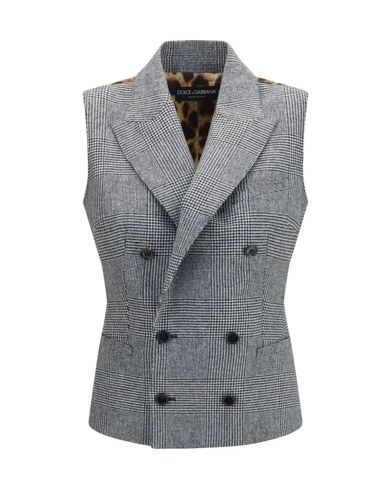 Dolce & Gabbana Prince of Wales Double-Breasted Wool Waistcoat — Gray Gray