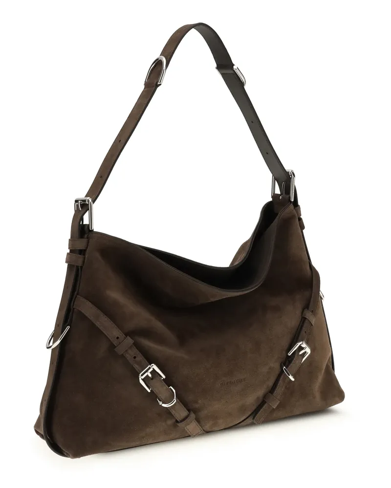 Givenchy Women's Medium Voyou Shoulder Bag Glossy Leather Ebony Brown Calf Suede Brown