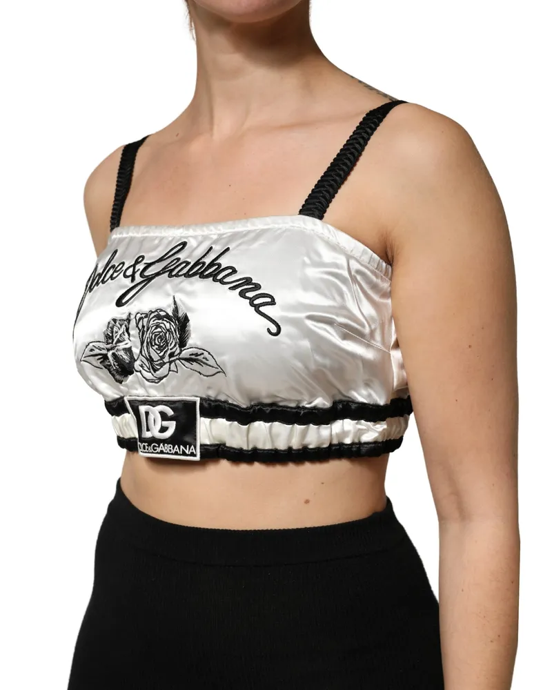 Dolce & Gabbana Women Logo-Embroidered Silk Satin Crop Top White Polyester Spandex Bodysuits White