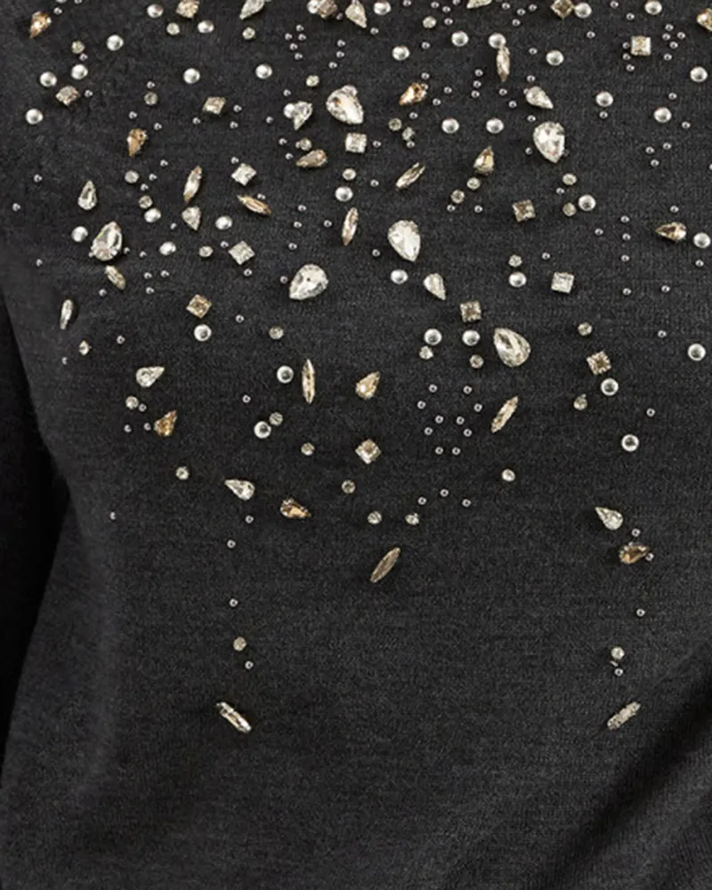 Alpha Studio Stud and Rhinestone-Embellished Sweater — Gray Gray