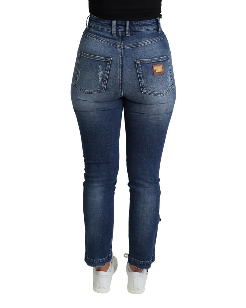 Dolce & Gabbana Women's Blue Embellished Skinny Trouser Cotton Jeans Elastane Blue