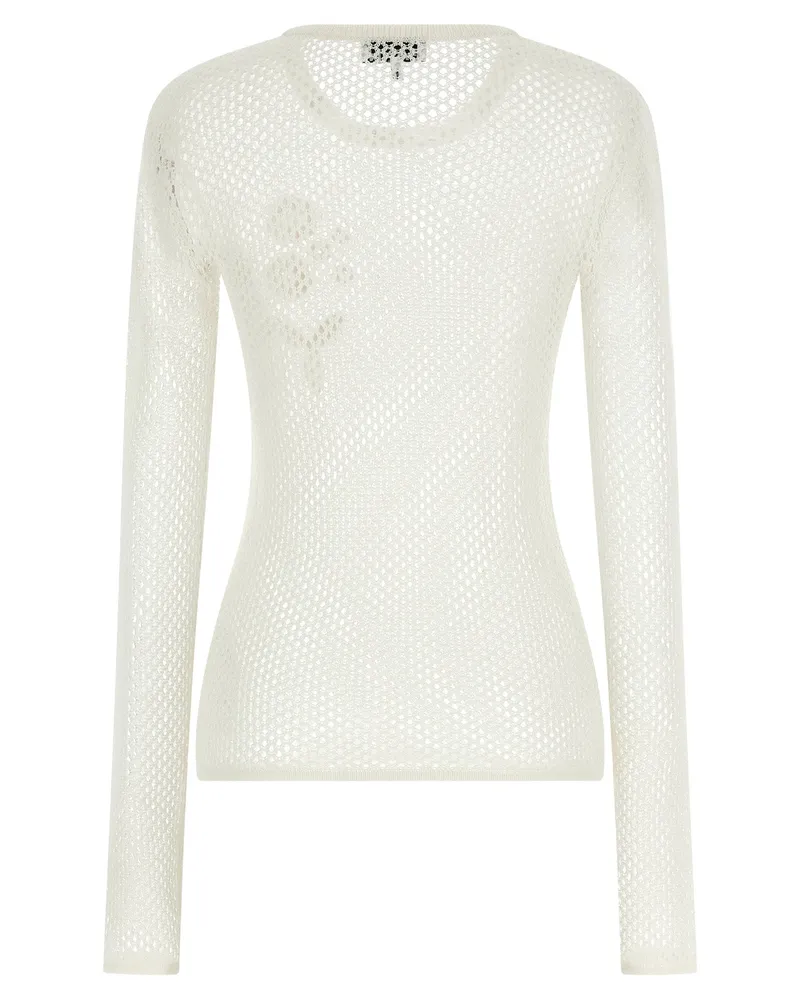 Ganni Pointelle Cotton with Floral Appliqué Sweater — Cream Cream