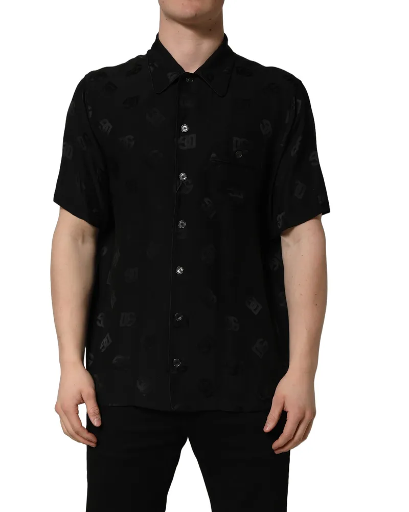 Dolce & Gabbana Black Logo Monogram Short Sleeves Men Shirt Silk Black