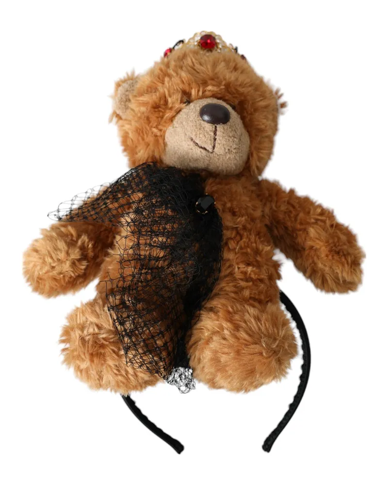 Dolce & Gabbana Women's Brown Teddy Bear Gold Crystal Crown Hair Band Diadem Polyester Brass Accessory Brown