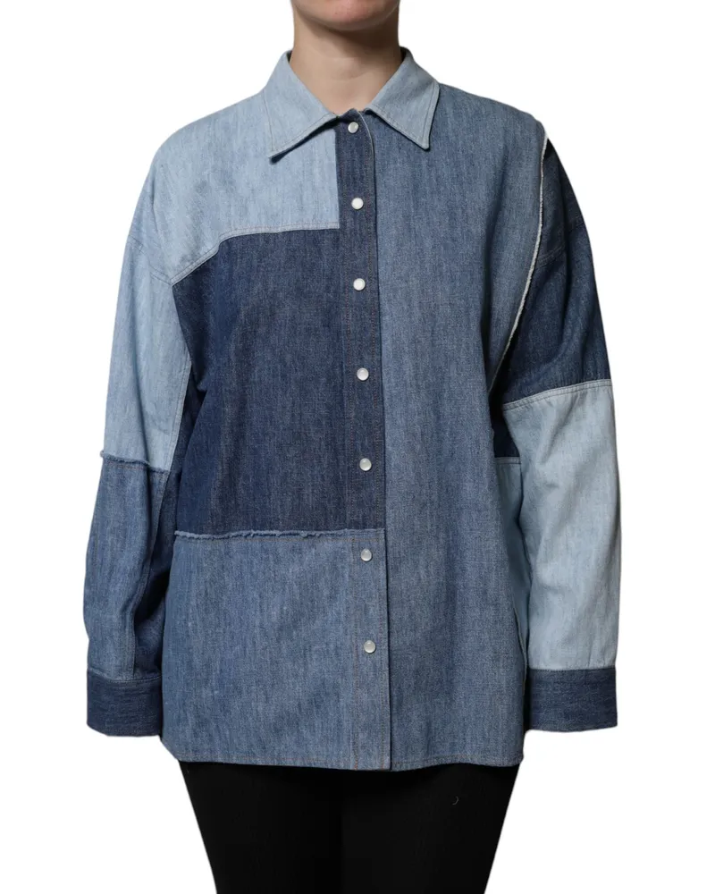 Dolce & Gabbana Women's Blue Cotton Button Up Collared Long Sleeve Top Blue
