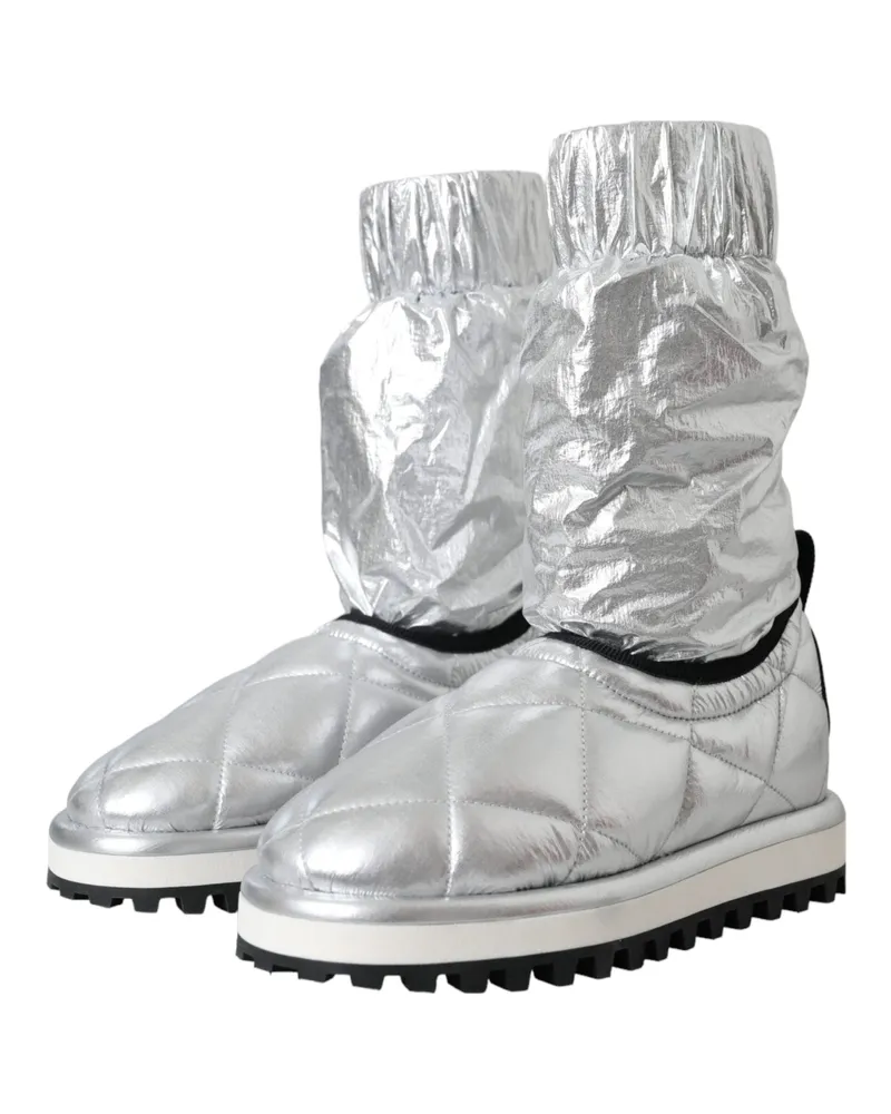 Dolce & Gabbana Women's Metallic Silver Quilted Logo Patch Boot Shoes Nylon Viscose Silver