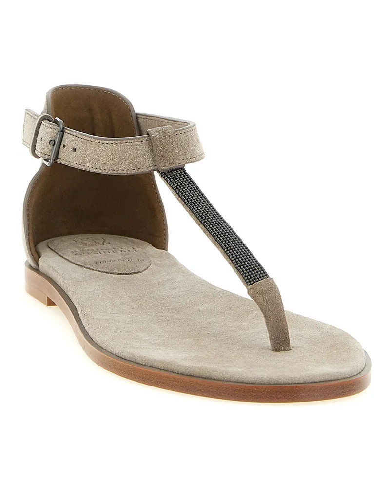 Brunello Cucinelli Precious T-Strap Suede Sandals — Beige Beige