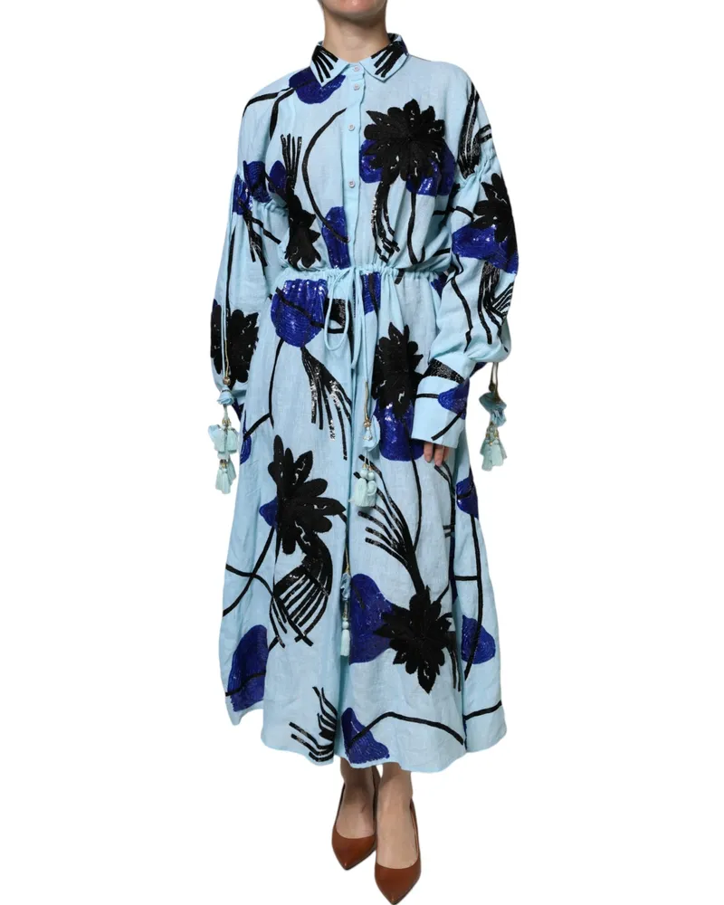 Christian Pellizzari Women's Light Blue Floral Embellished Shirt Maxi Dress Linen Blue